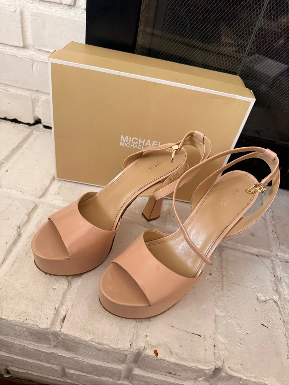 Michael Kors Blush Patent Platform Sandals with Ankle Strap
